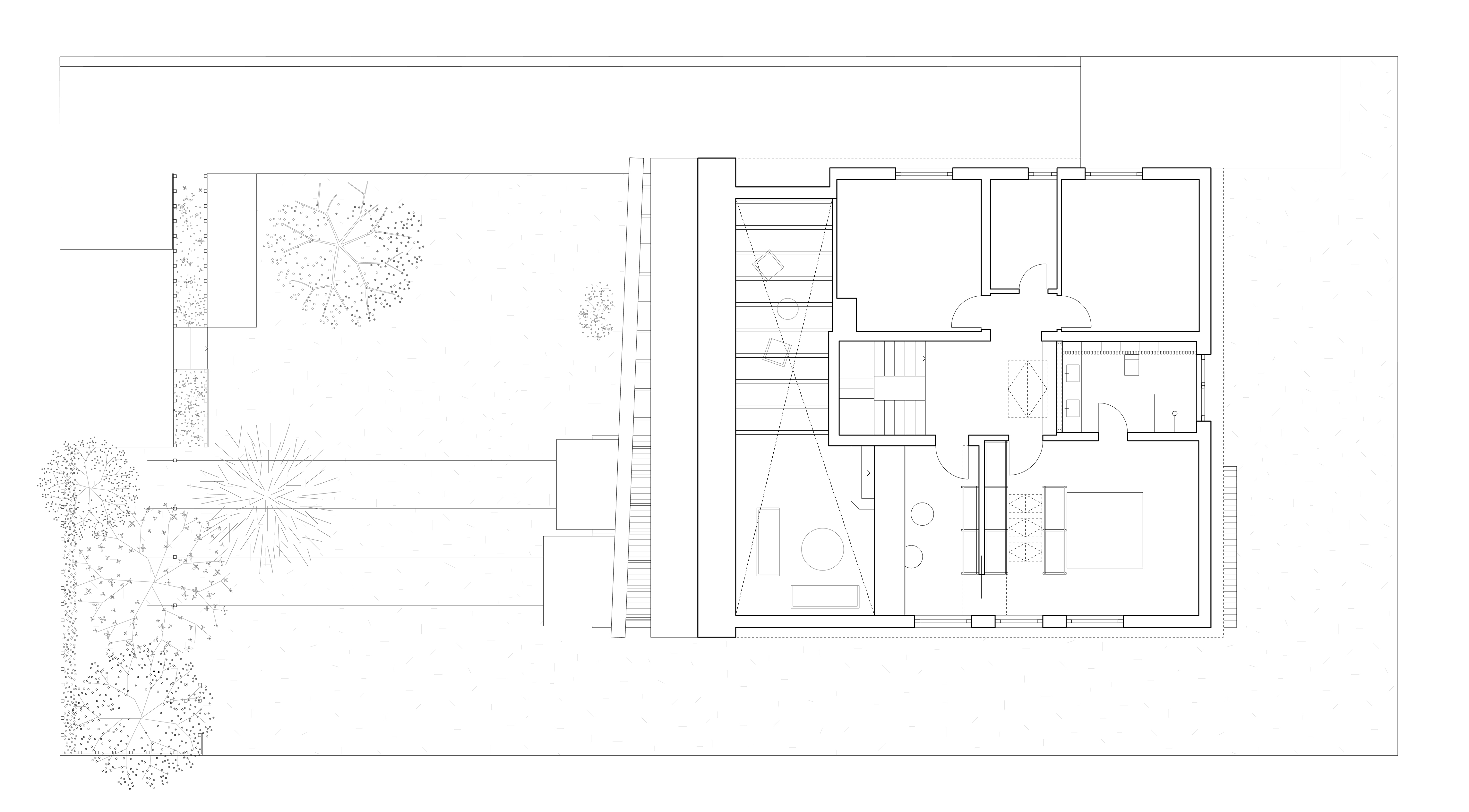 Grundriss eines Einfamilienhauses aus den Achtzigern mit starkem Bezug zum Garten